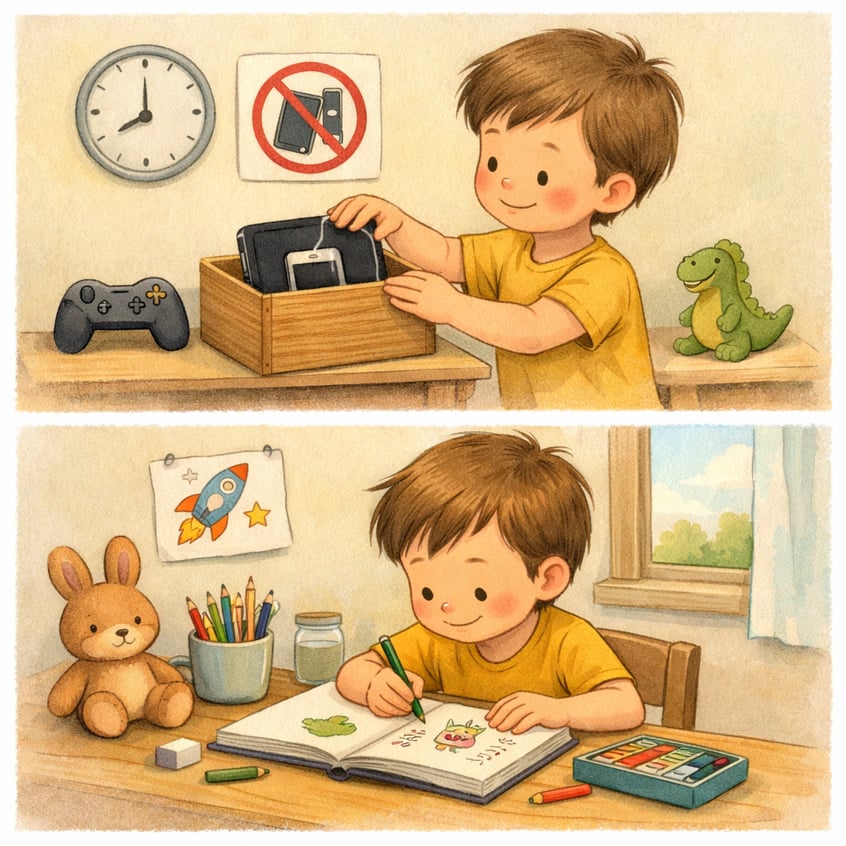 Child engaging in hobbies like drawing or reading after putting away electronic devices.