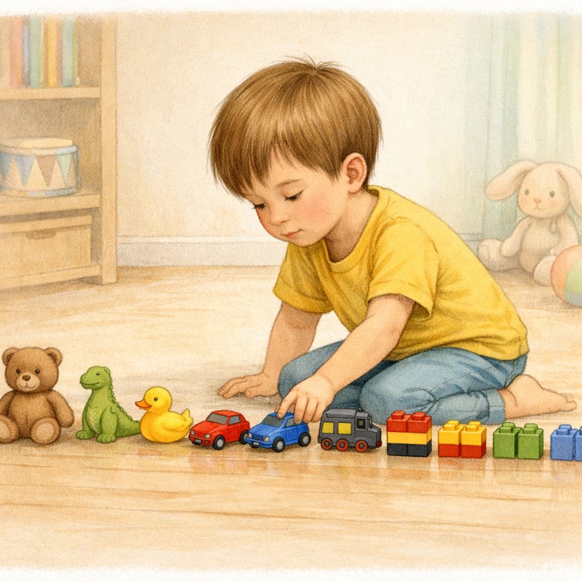 Children Lining Up Toys in Precise Order