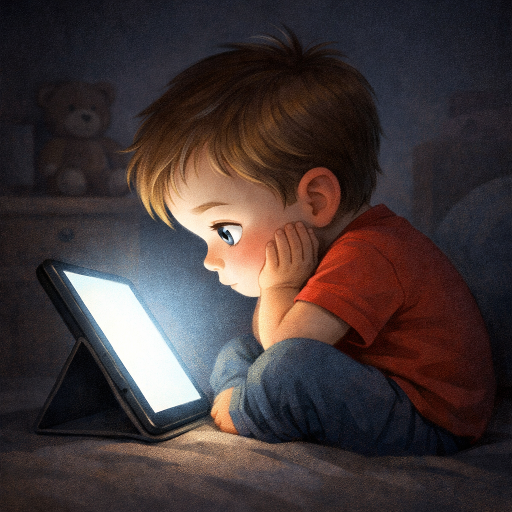 A young child using a smartphone late at night instead of sleeping