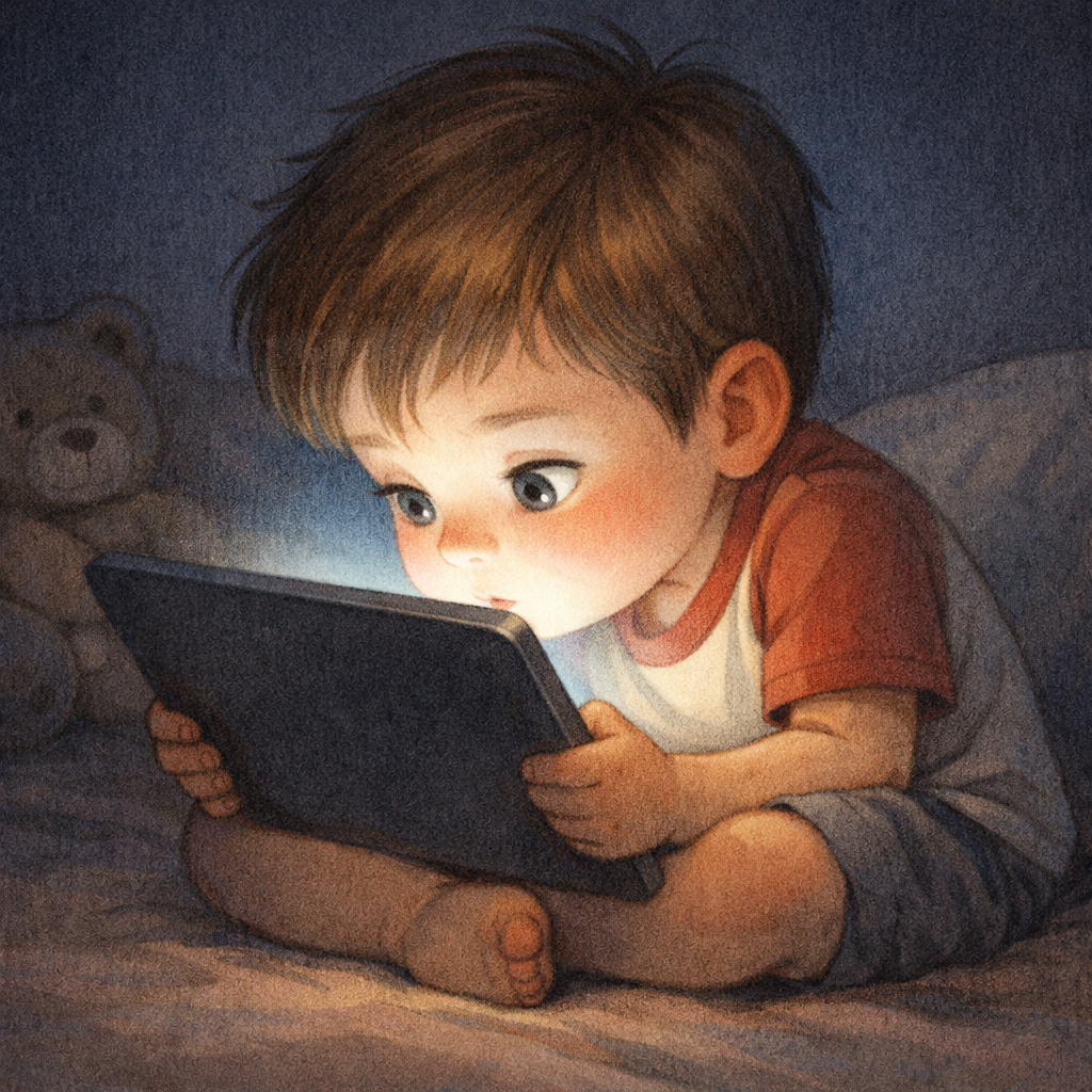 A young child sitting very close to a tablet screen in a dark room, highlighting excessive gadget use.