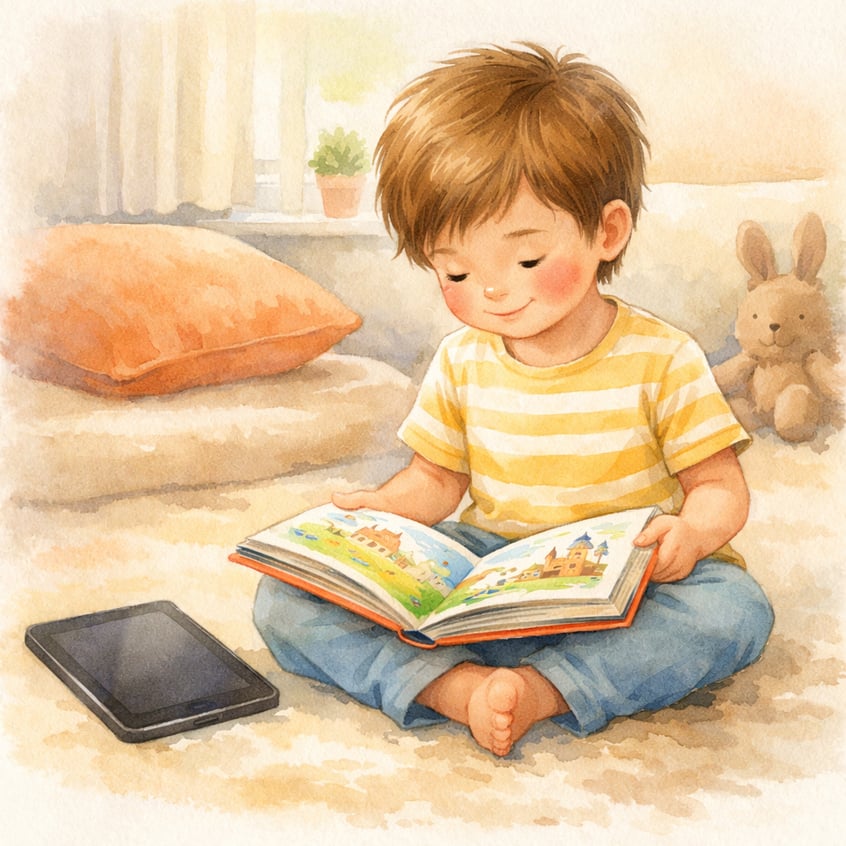 Child reading a colorful book while a tablet sits unused nearby, symbolizing healthier habits.