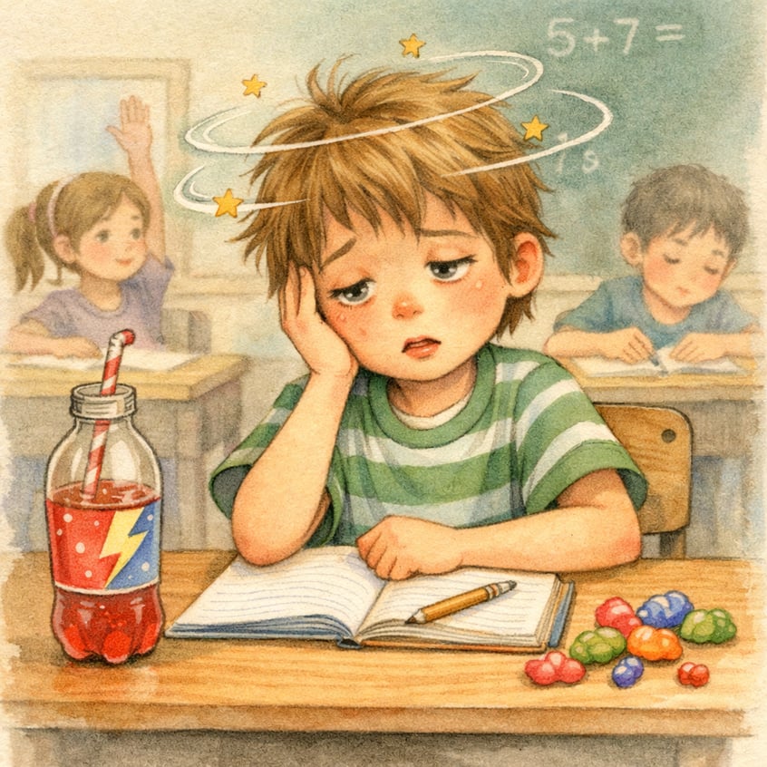 Child struggling to focus in class after consuming sugary drinks