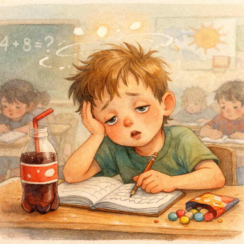 Child struggling to focus in class after consuming sugary drinks