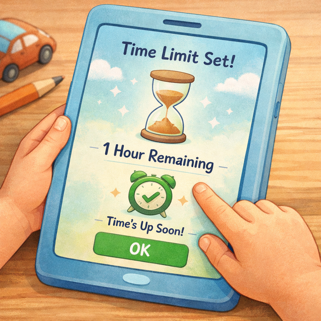 Illustration of a device with time limits, content filters, and bedtime mode activated.