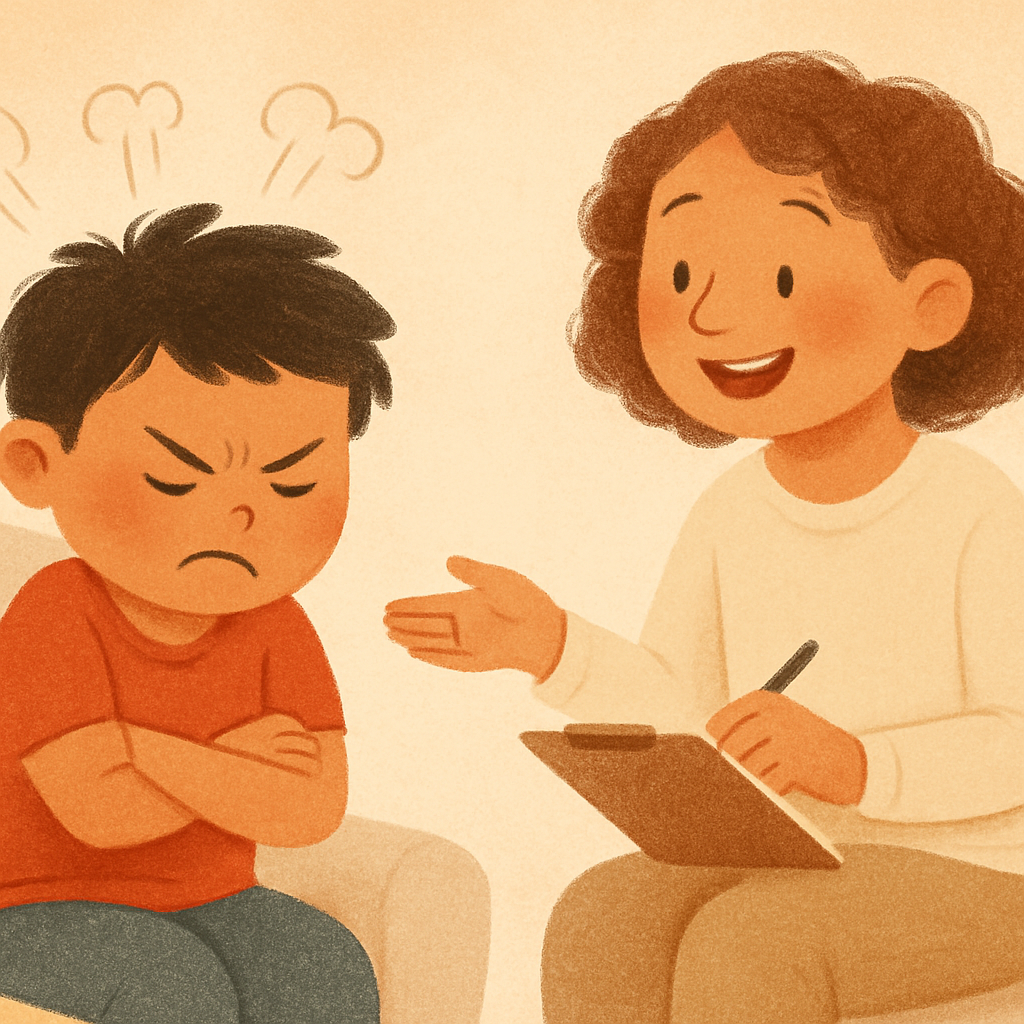 A young child practicing calming techniques with a therapist to manage anger.