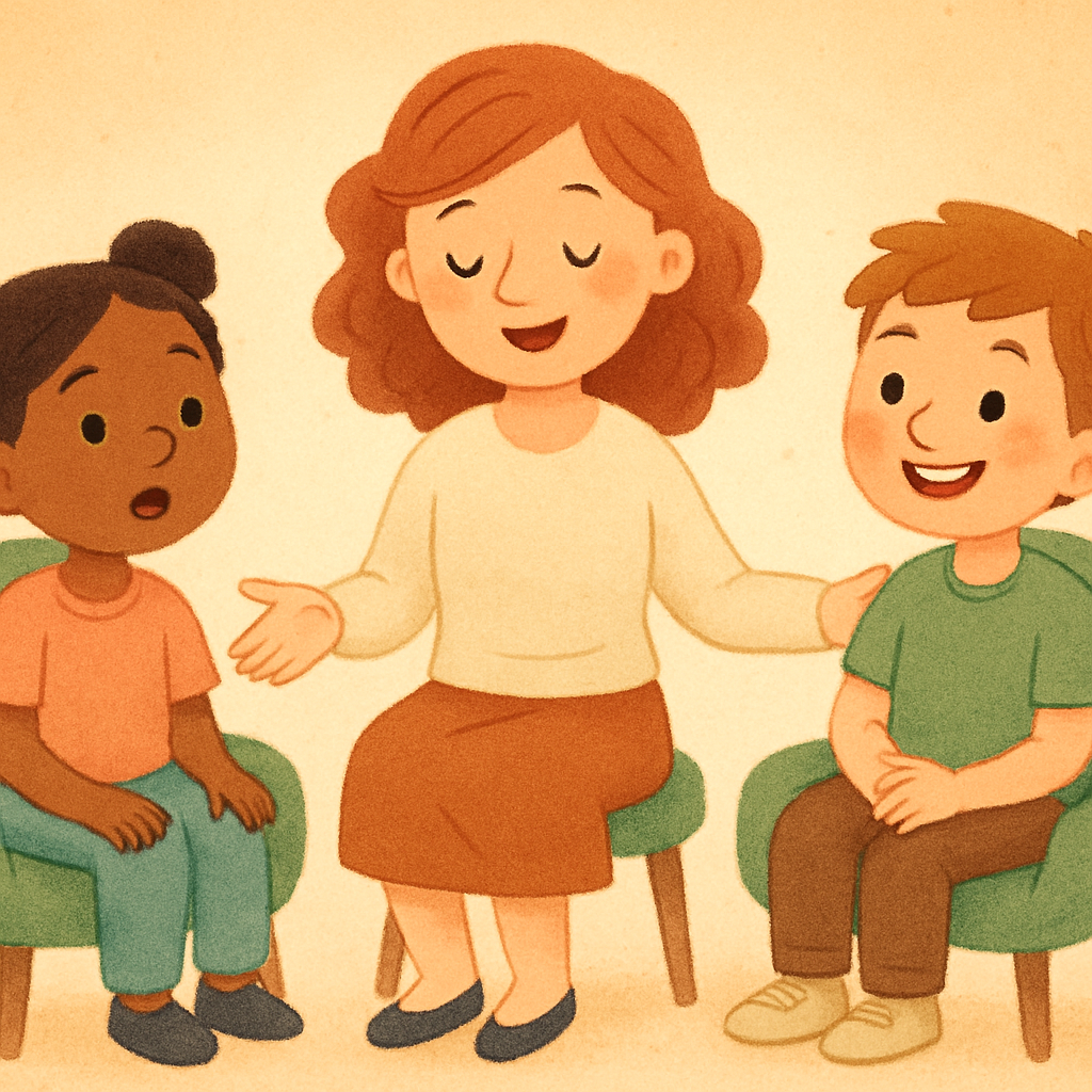 A small group therapy session focused on communication and interaction skills.