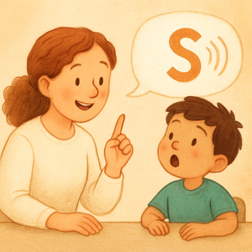 Speech therapy session showing a therapist helping a child improve pronunciation through play-based activities.