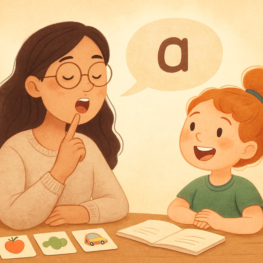 Speech-language pathologist encouraging a child during a speech therapy activity.