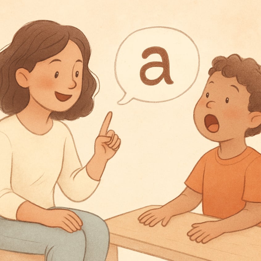 Therapist demonstrating mouth movements for correct pronunciation.