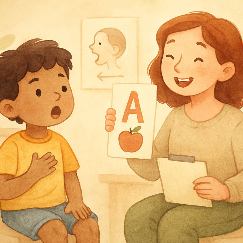 Child practicing pronunciation with guidance from a speech therapist.