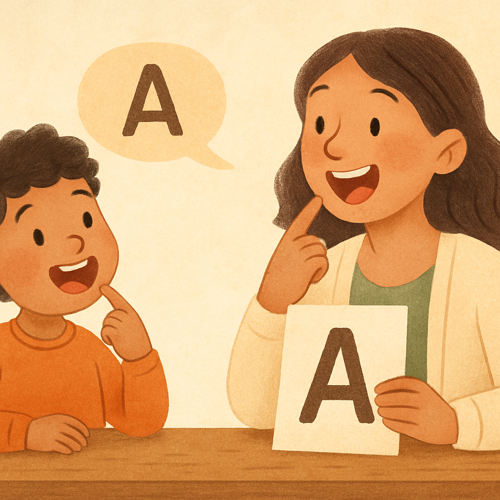 A child reading aloud slowly while following a pacing board in therapy.