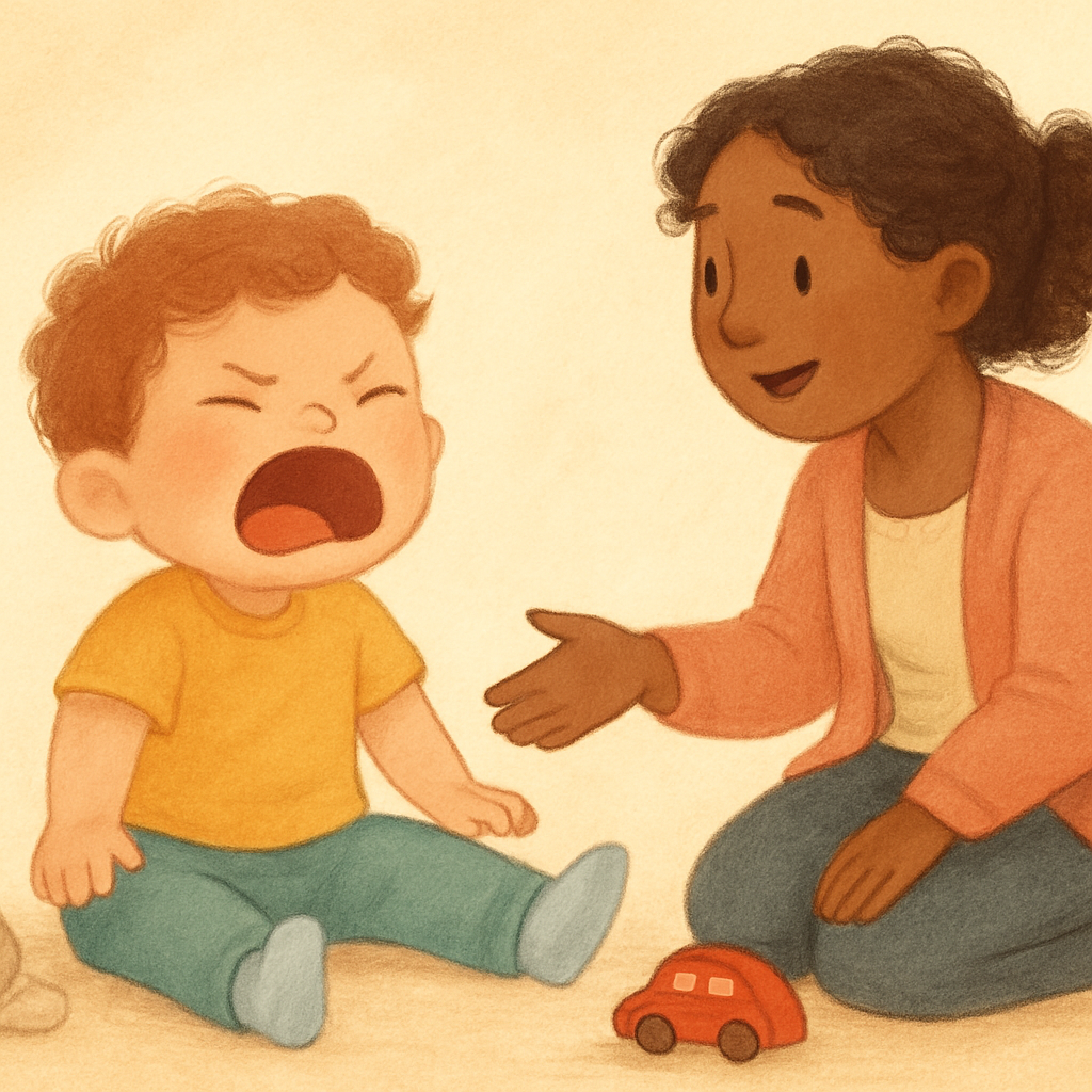 Therapist modeling soothing techniques to help a toddler regulate emotions.