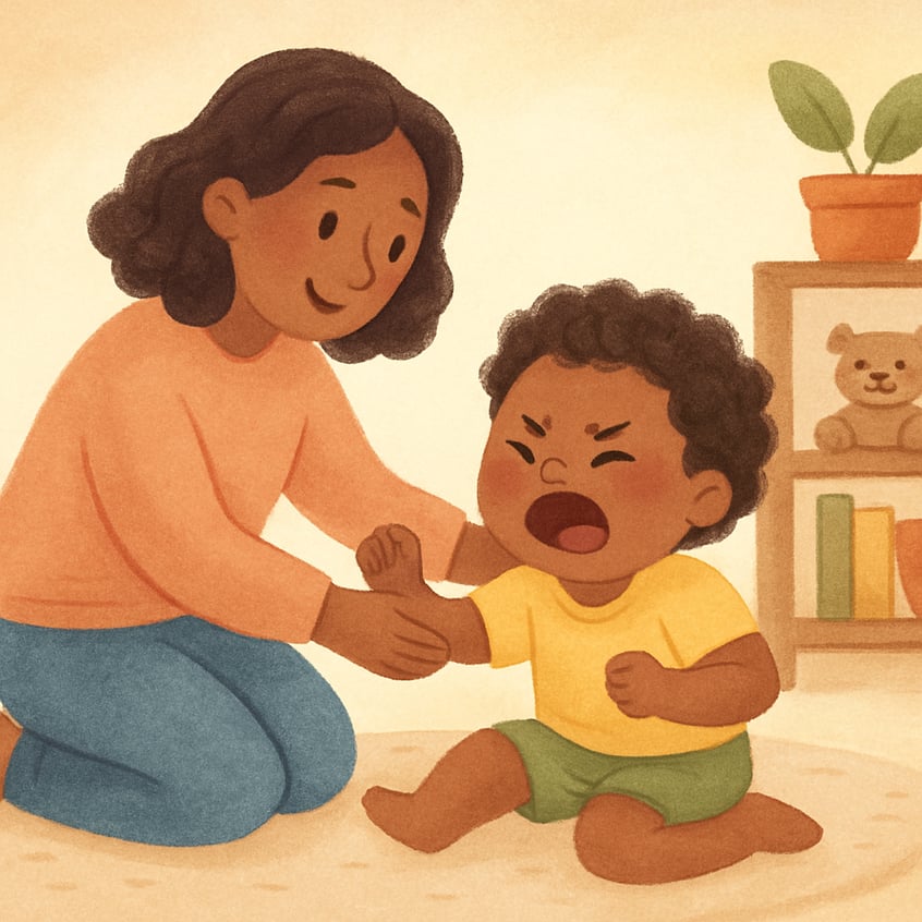 Toddler receiving comfort and reassurance after a tantrum subsides.