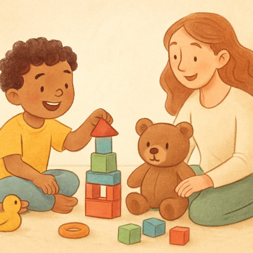 Therapist modeling deep breathing exercises to teach stress management techniques.