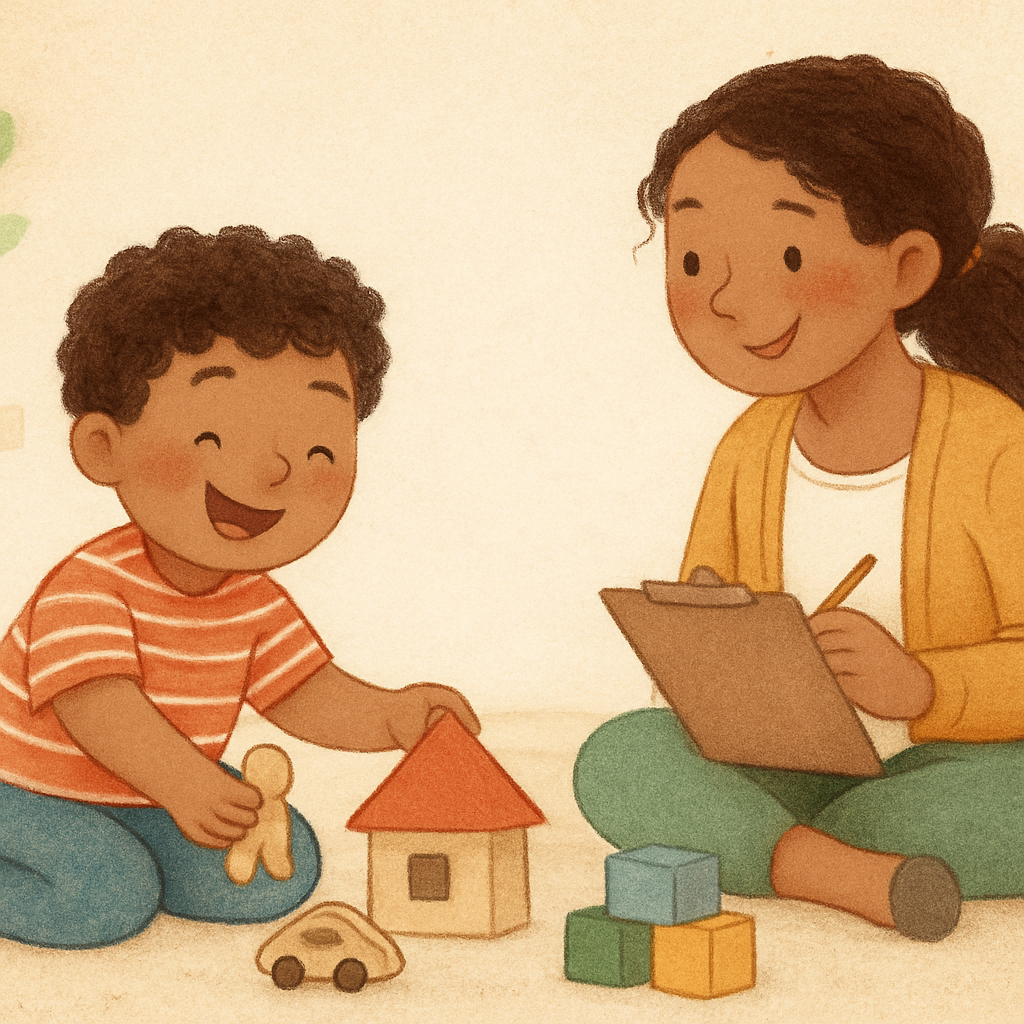 Therapist and young child playing with puppets to practice positive social behaviors and problem-solving skills.