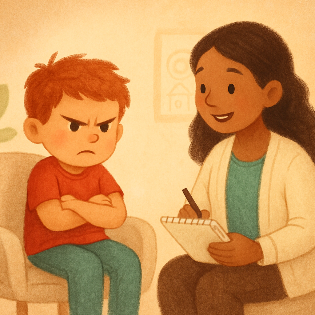 Therapist guiding a child through deep-breathing exercises to reduce anger.