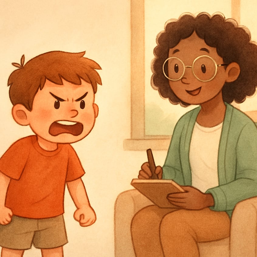 Child expressing anger while a therapist listens and provides guidance.