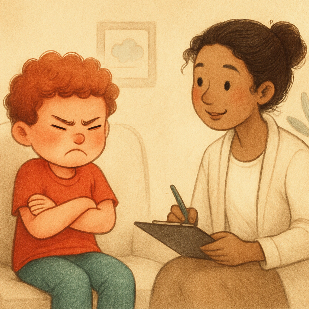 Child learning anger management skills through guided activities.