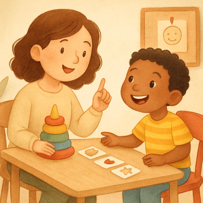 Therapist smiling and giving verbal praise to a child after they complete a task independently during a positive behavior therapy session.