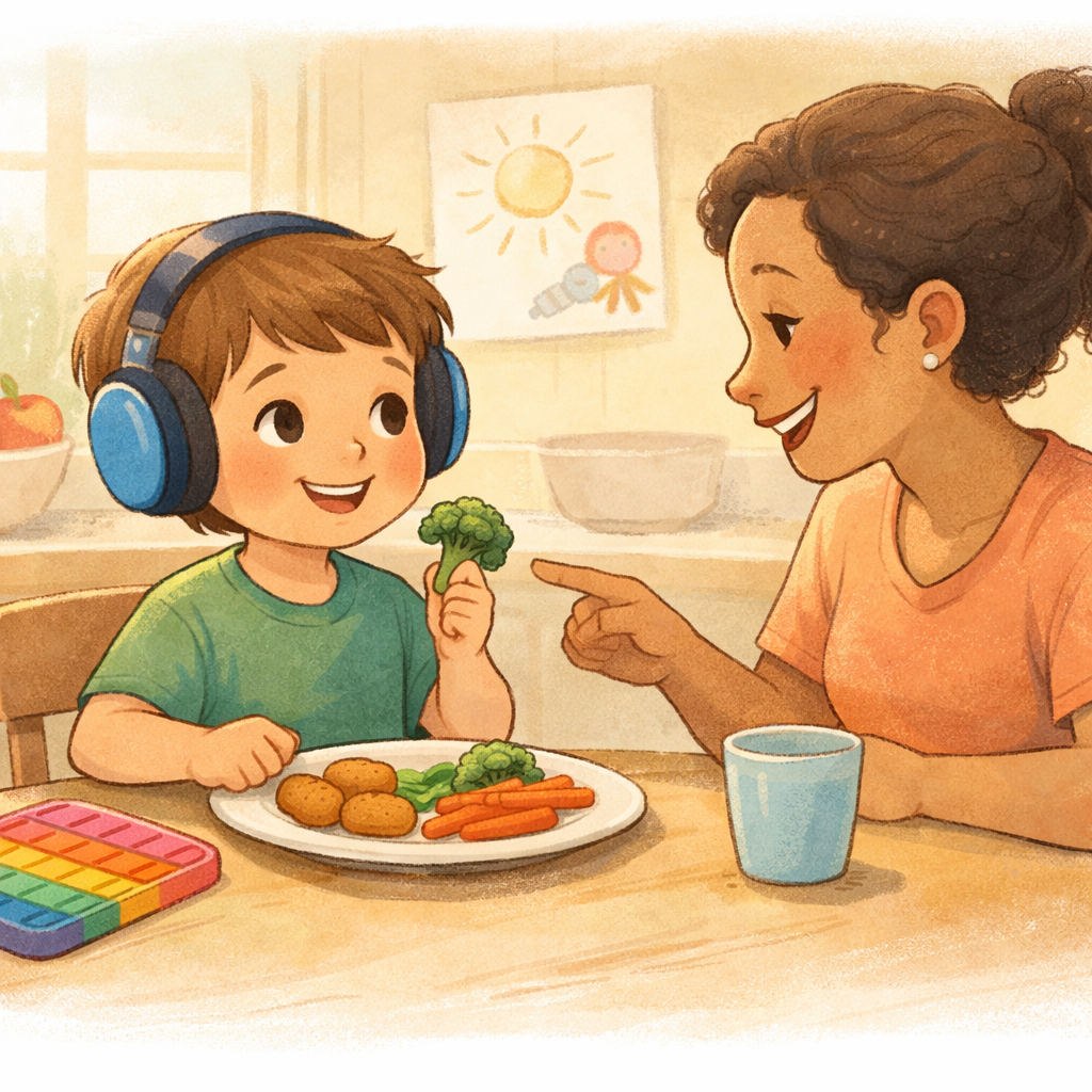 Child with autism trying a new healthy snack while a parent offers encouragement.