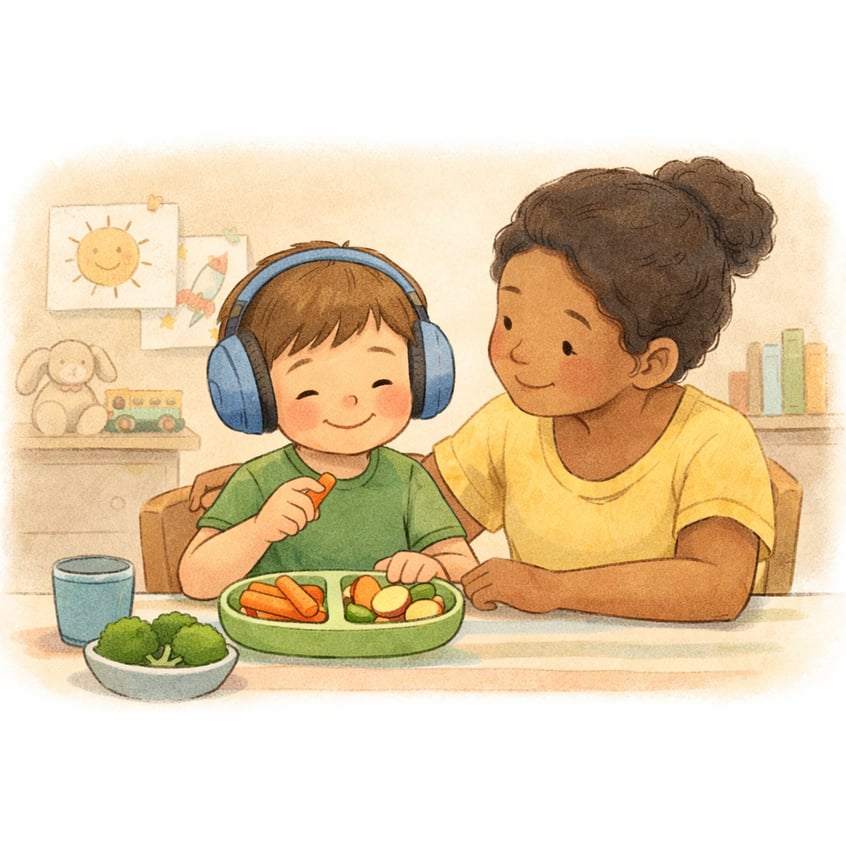 Plate divided into food groups showing a balanced diet approach for children on the autism spectrum.