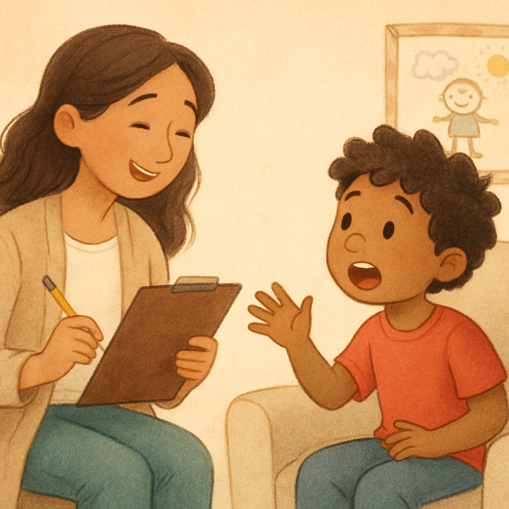 A young child practicing calming techniques with a therapist to manage anger.