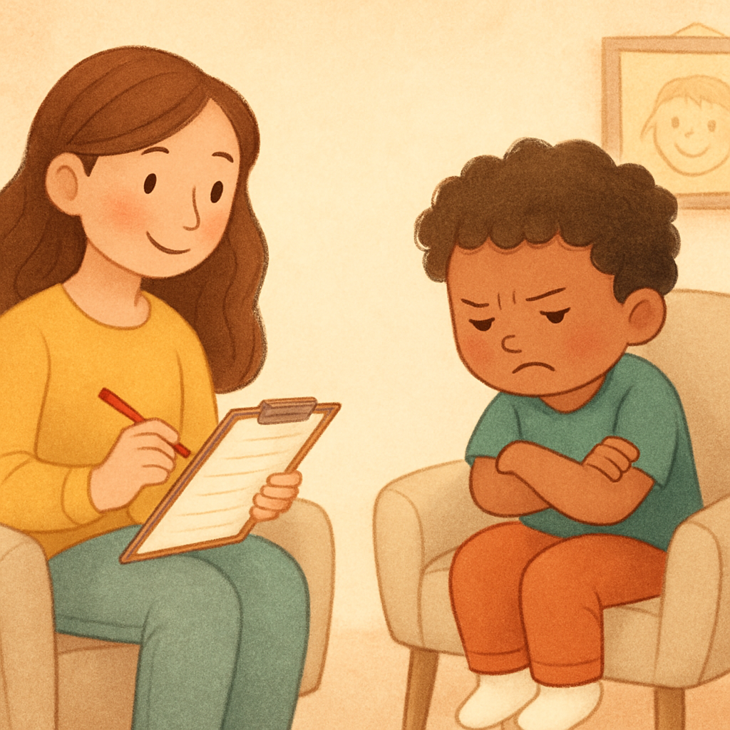 A therapist guiding a child through behavior management strategies.