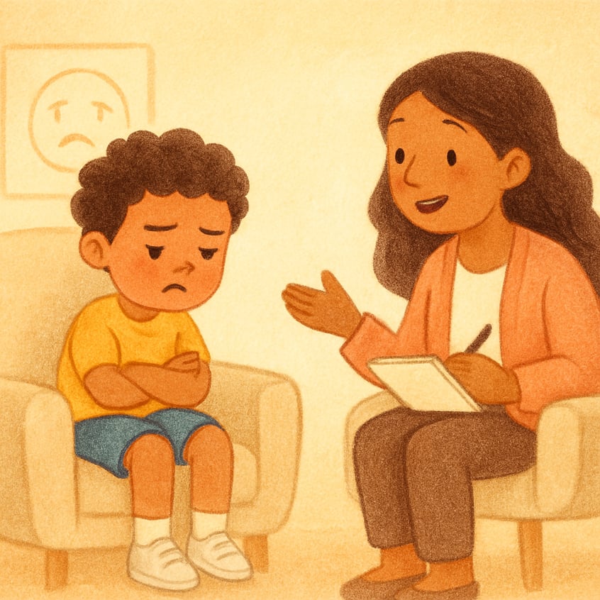 A child learning coping skills for anger management during therapy.