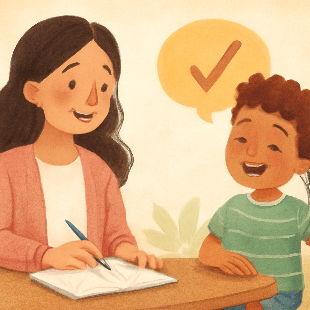 A consultant guiding a child through a calm-down breathing exercise during a support session.