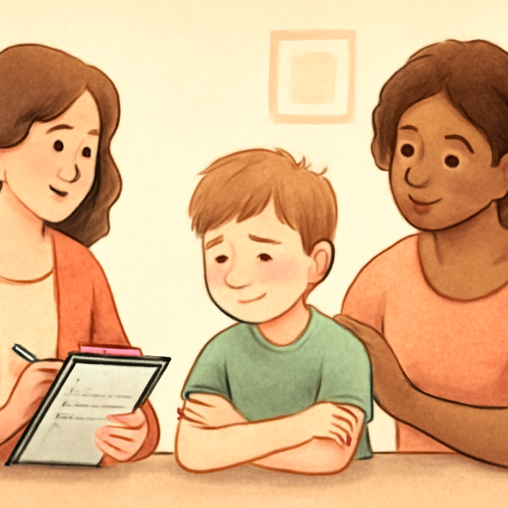 A consultant guiding a family through developing a personalised behaviour management plan.