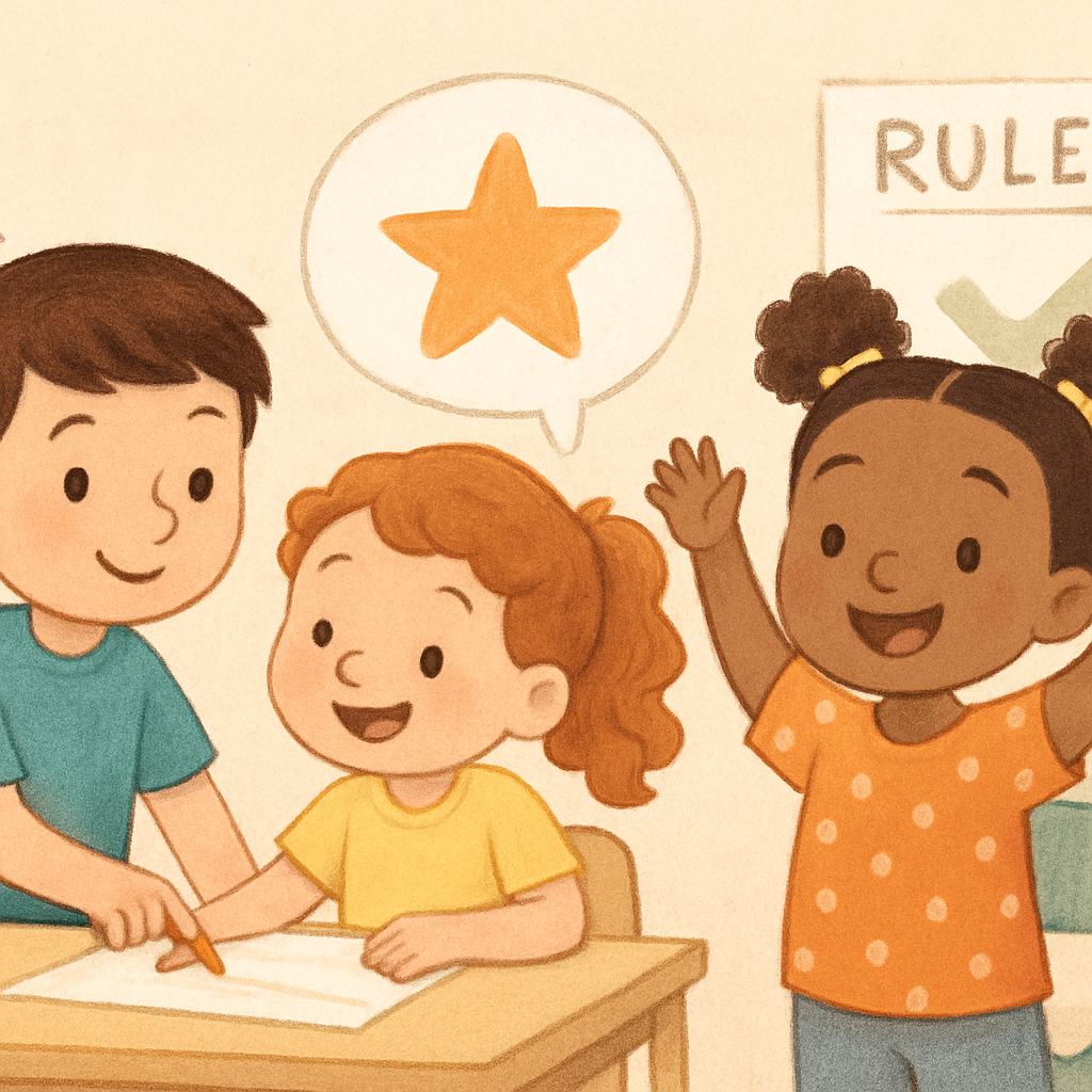 Adult helping a child follow rules.