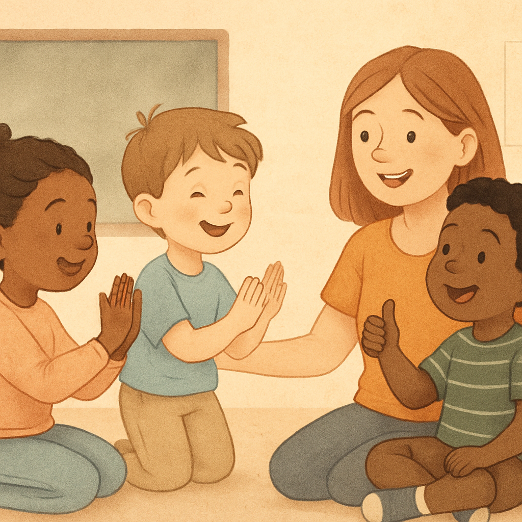 A therapist guiding a child through a play-based activity to encourage positive social behaviour.