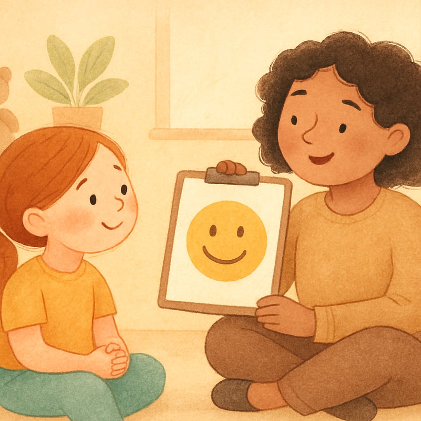 Child sitting with a behavior therapist at a small table, using picture cards to practice naming emotions.