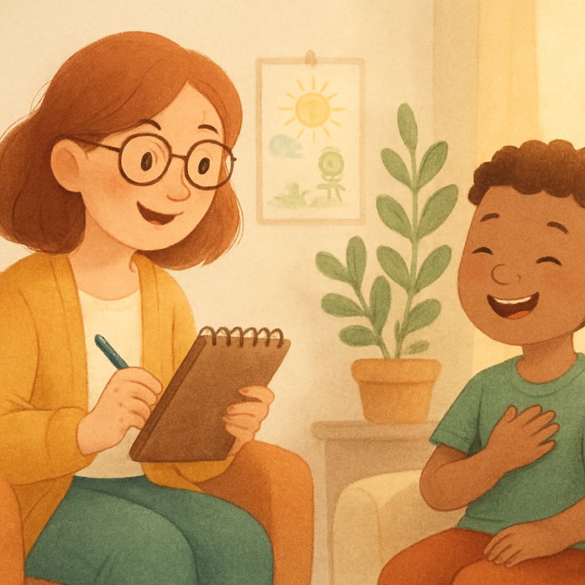 Therapist using visual aids to support behaviour change and skill development.