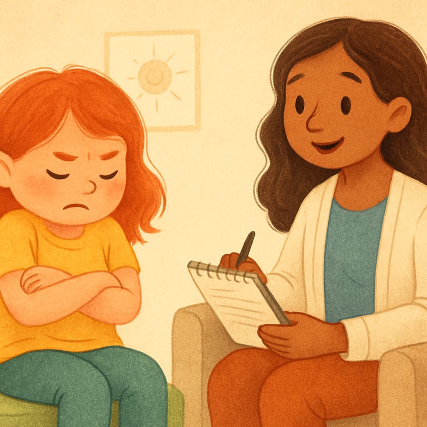 Therapist calmly speaking with a child who appears frustrated during a behavioral therapy session.