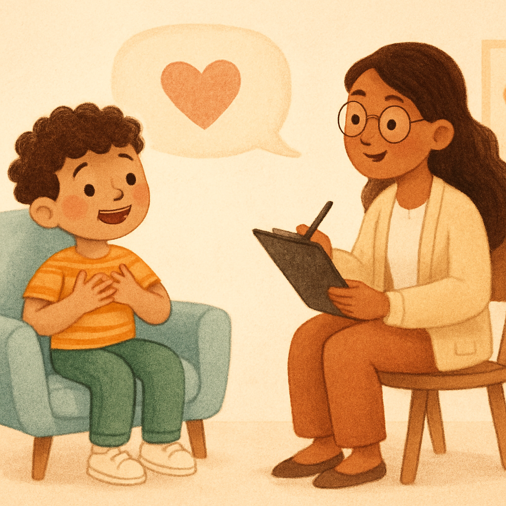 Therapist and child discussing emotions linked to behavioral concerns.