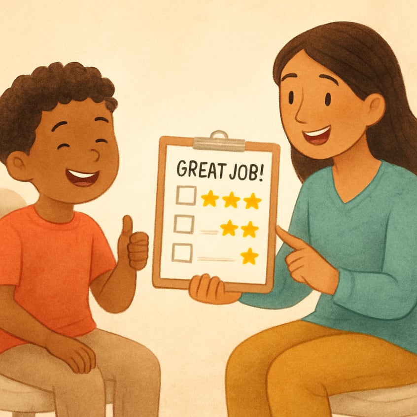 Behavior therapist using a reward chart with a young student to reinforce positive classroom behavior.