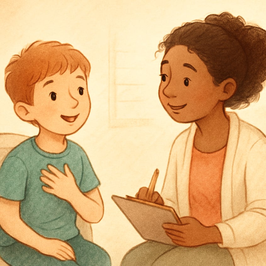 A child practicing communication skills with guidance from an applied behaviour therapist.