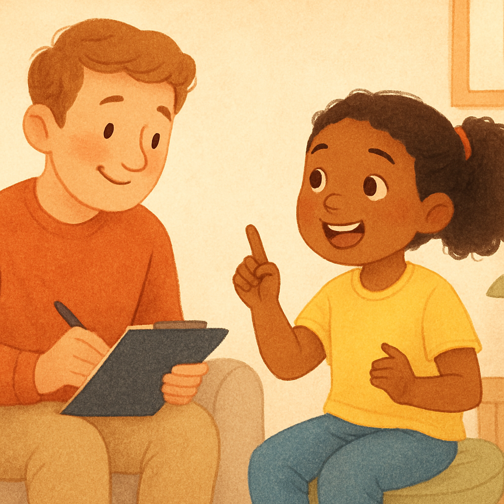 Illustration of a counselor helping a client identify negative behavior patterns on a notepad.