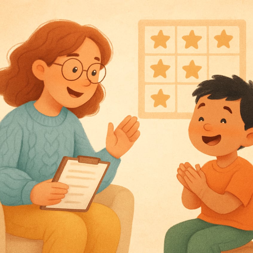 Child receiving a reward sticker as part of a positive reinforcement strategy.