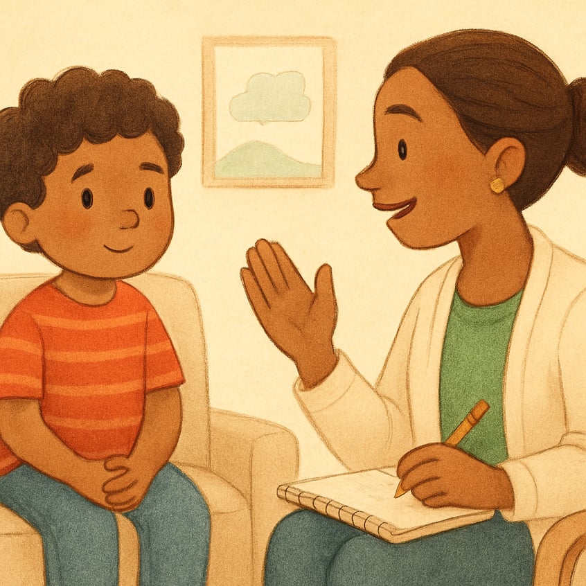 Behaviour therapist supporting young child during emotional regulation session.