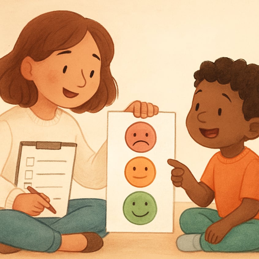 A therapist and client discussing behaviour goals and progress.