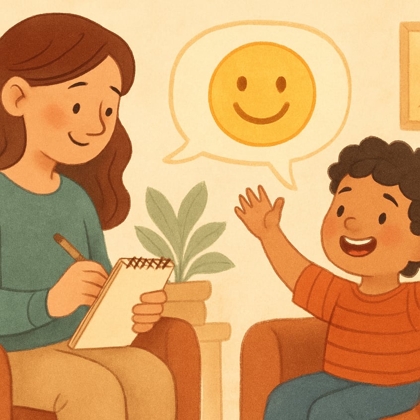 A therapist and client discussing behaviour goals and progress.