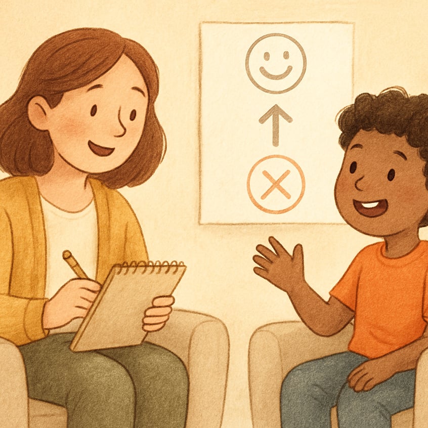 A therapist taking notes while a client describes recent behavioral challenges.