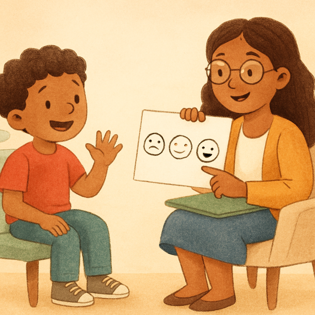 Counselor and client sitting face-to-face practicing positive reinforcement techniques.