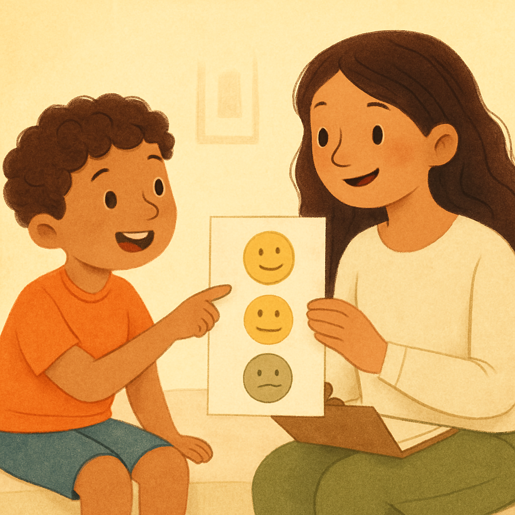 A therapist using flashcards to teach emotions and appropriate responses.