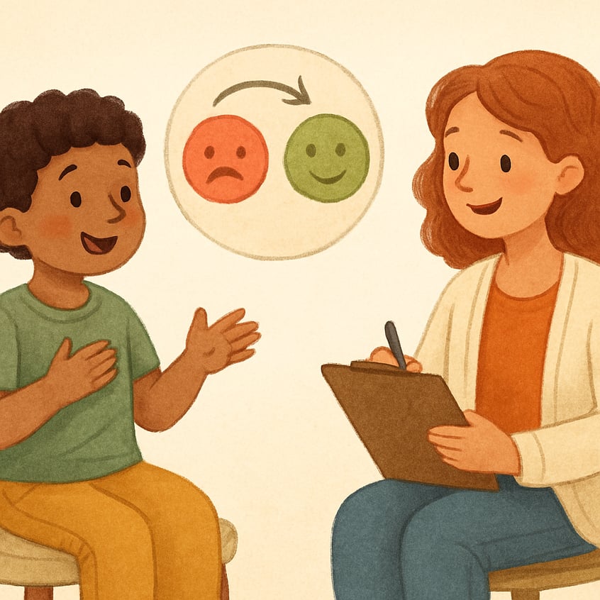 A therapist writing notes while a client role-plays a challenging social situation.