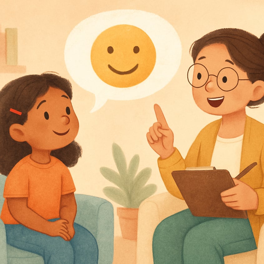 Therapist and client seated across from each other, discussing a behavior tracking worksheet during a therapy session.