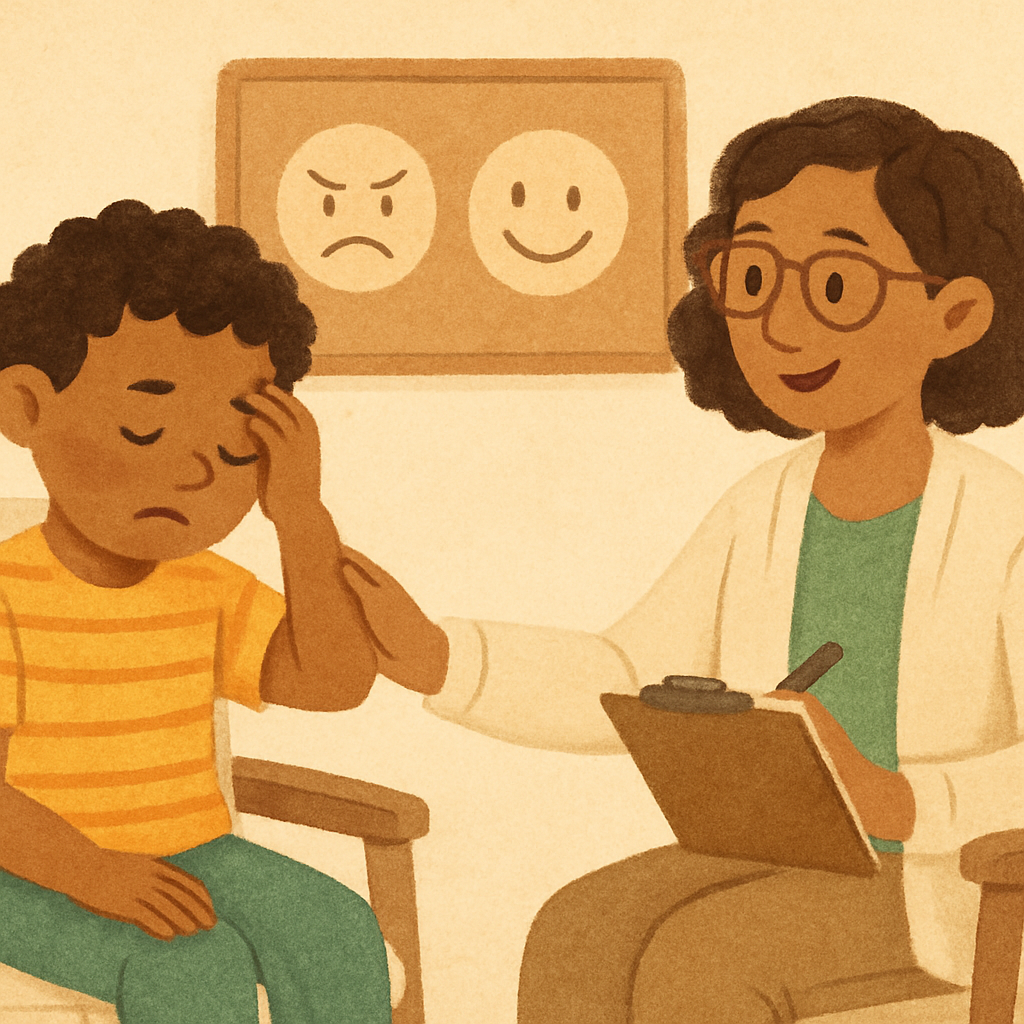 Therapist guiding a child through problem-solving related to behavior challenges.