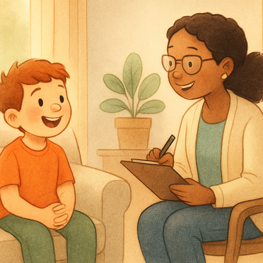 Child practicing positive behaviours with therapist guidance in a therapy room.